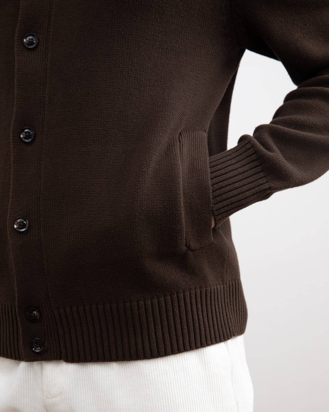 Brown Ribbed Button Closure With Pockets Cardigan