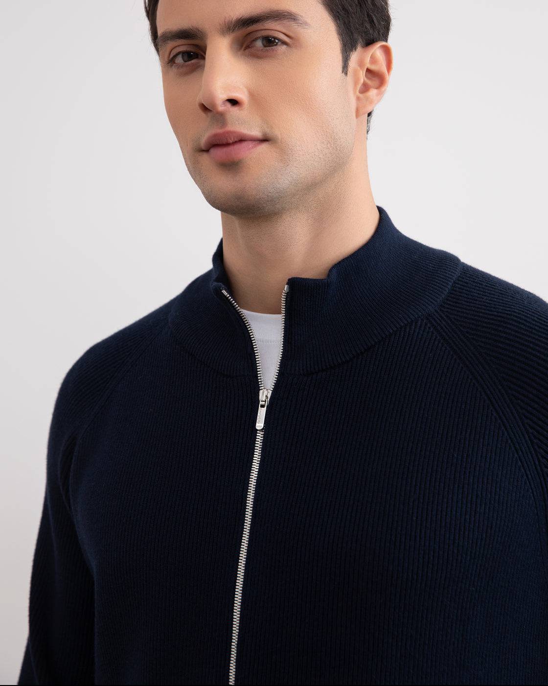 Navy English Rib Full Zip Cardigan