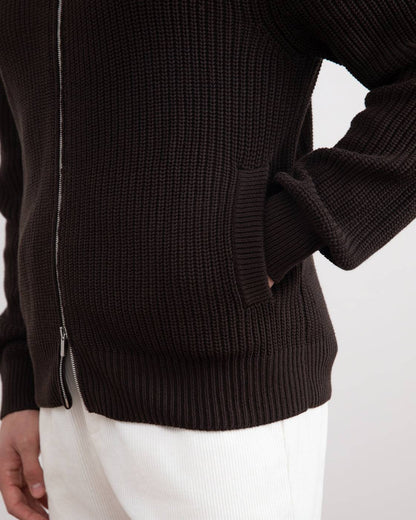 Dark Brown Ribbed Zip-Up Cardigan