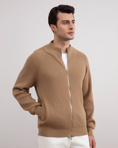 Tan English Rib Full Zip Cardigan