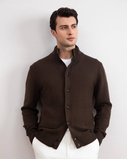 Brown Ribbed Button Closure With Pockets Cardigan
