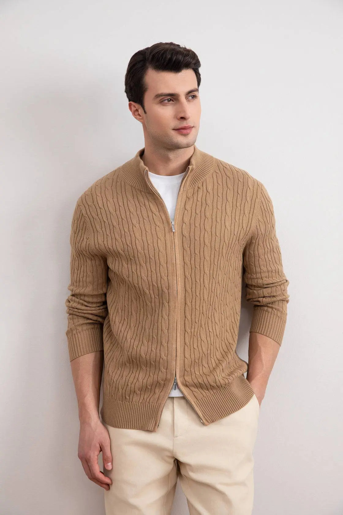 Tan Cable Knit full-zip Sweater