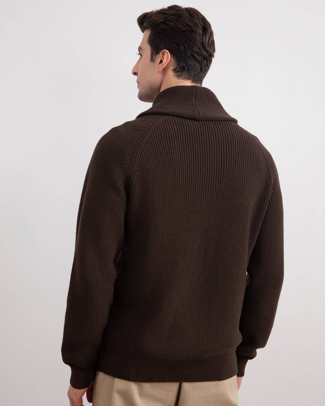 Brown Shawl-Collar Ribbed Cardigan