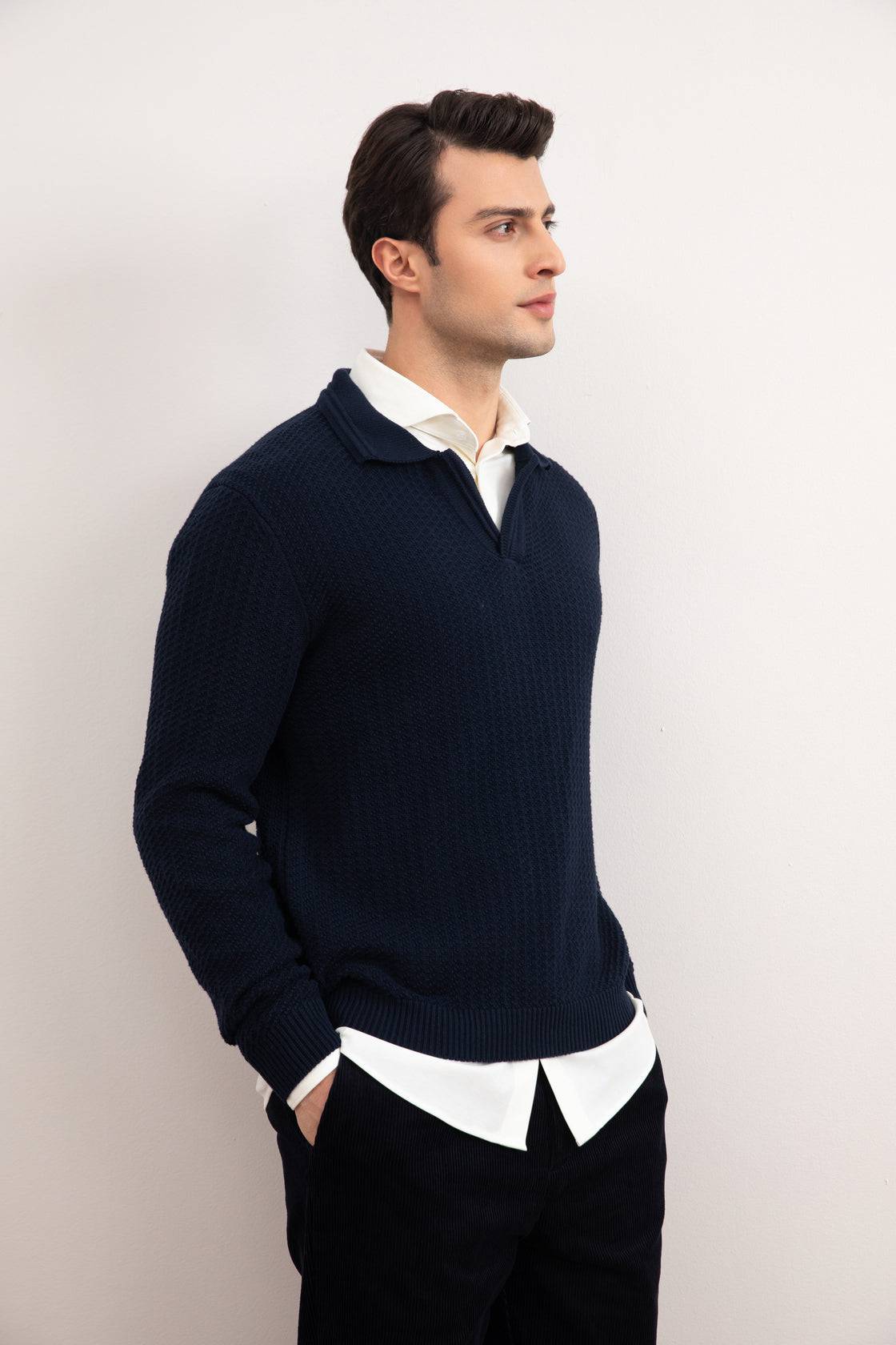 Navy Textured Open Polo Sweater