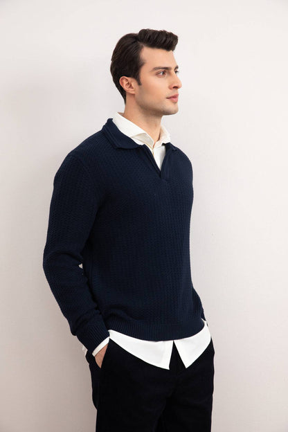 Navy Textured Open Polo Sweater