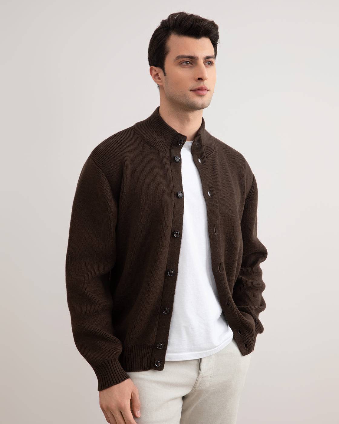Brown Ribbed Button Closure Cardigan