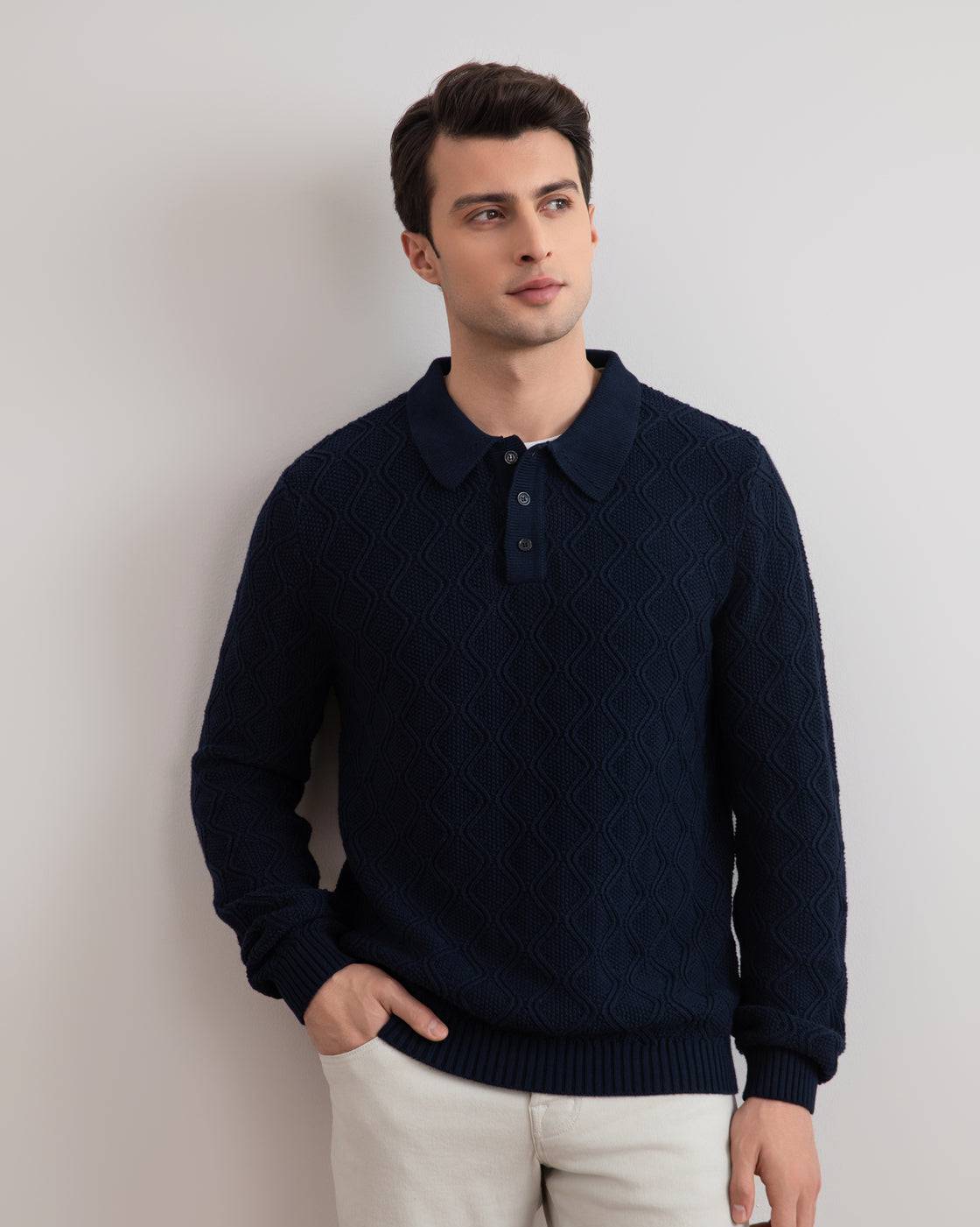Navy Honeycomb Polo Sweater