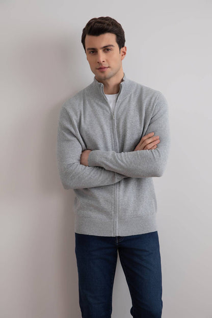 Grey Mélange Classic Zip-Up Cardigan