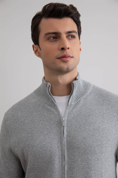 Grey Mélange Classic Zip-Up Cardigan
