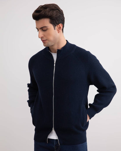 Navy English Rib Full Zip Cardigan