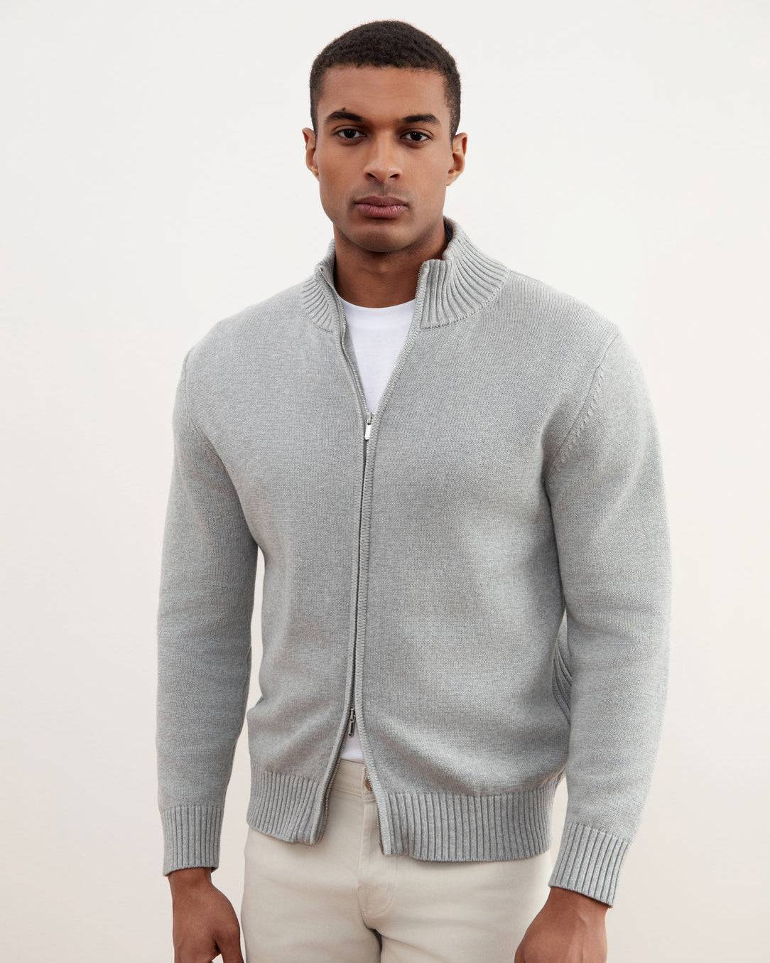 Grey Mélange Ribbed Zip-Up Sweater