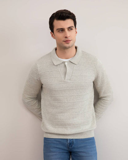 Grey Mélange Knit Texture Open Polo Sweater