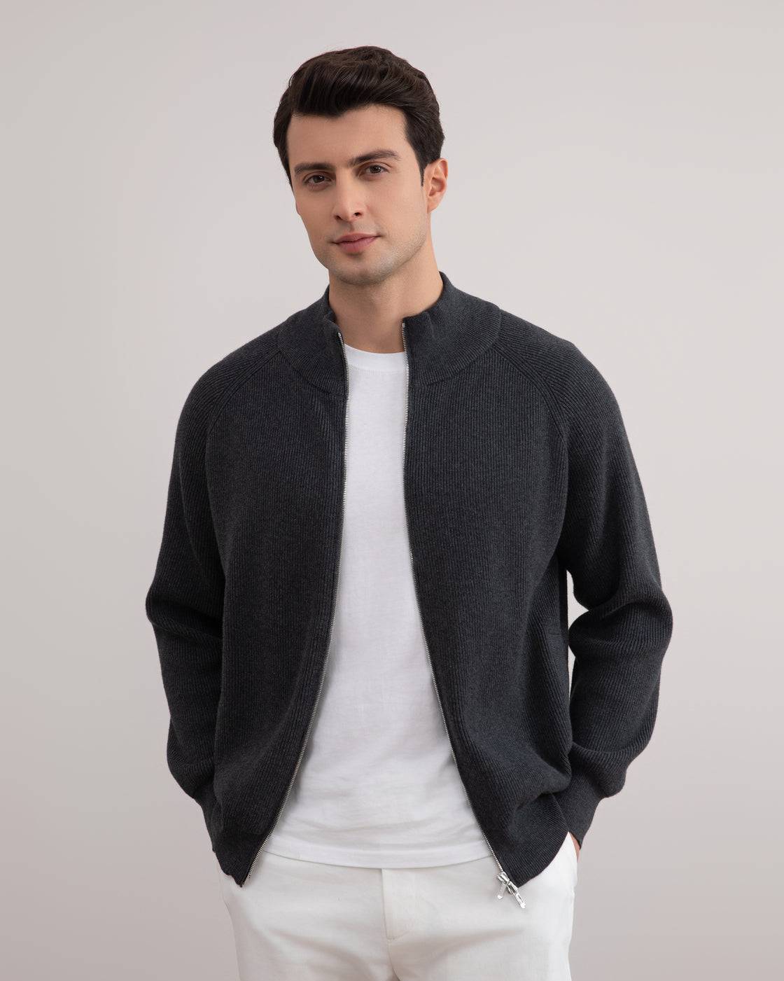 Dark Grey Mélange English Rib Full Zip Cardigan