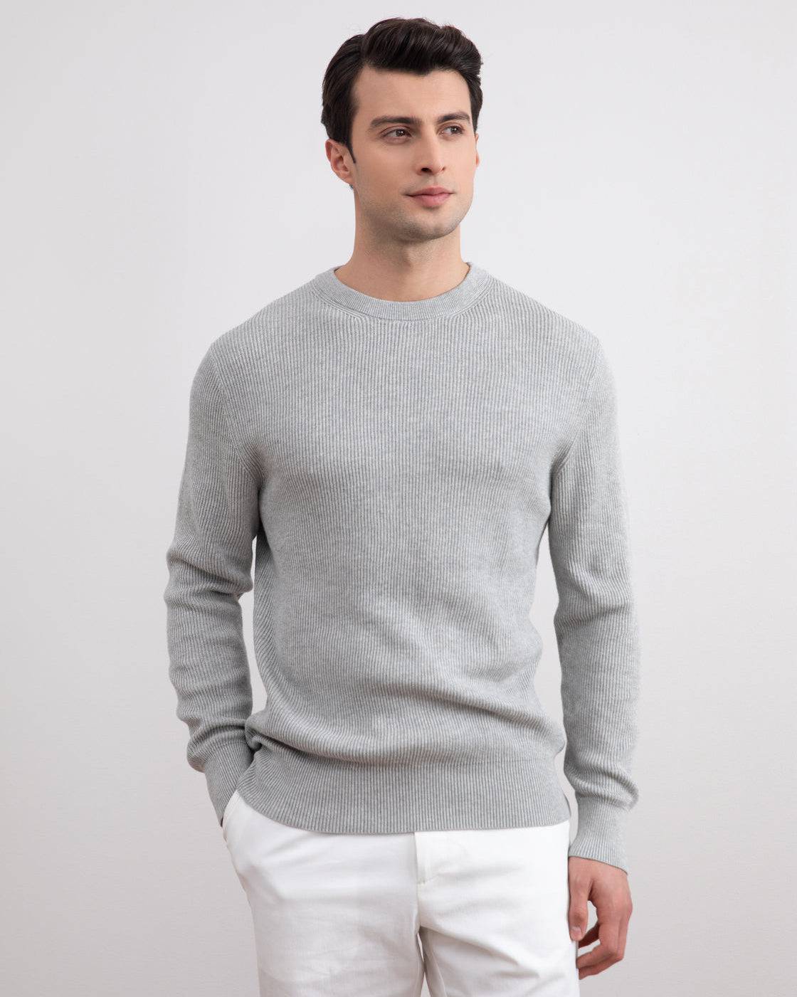 Grey Mélange Crewneck Malfilé English Rib Sweater