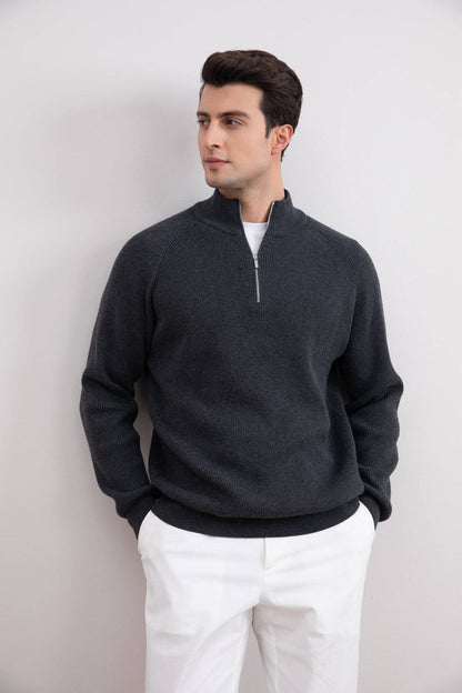 Charcoal English rib turtleneck half-zip sweater