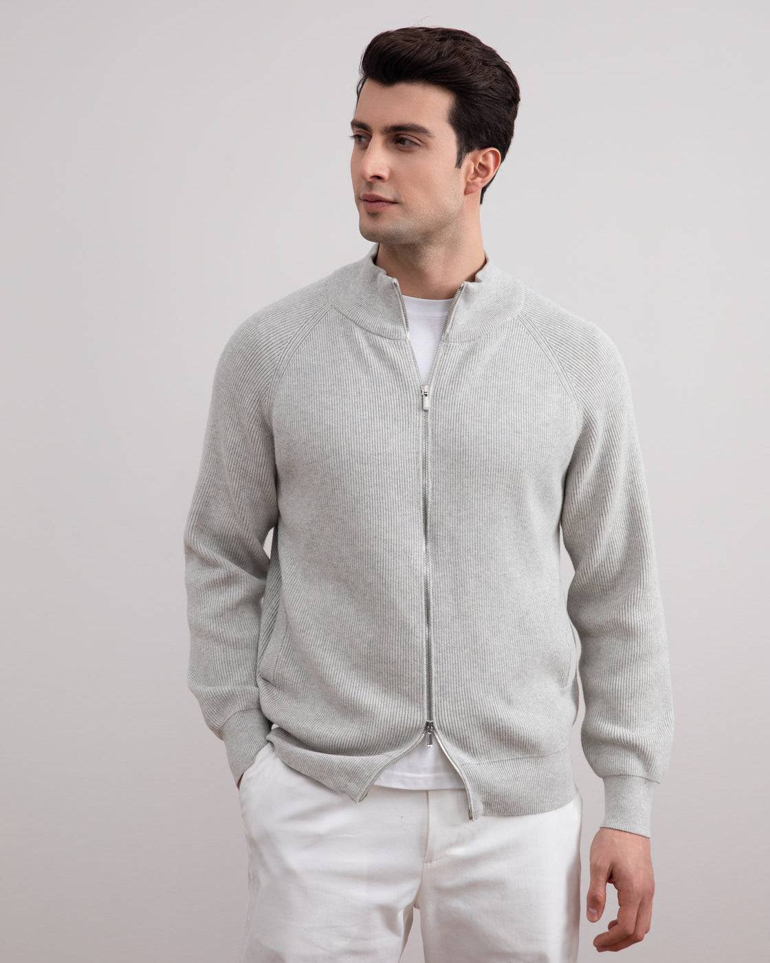 Grey Mélange English Rib Full Zip Cardigan