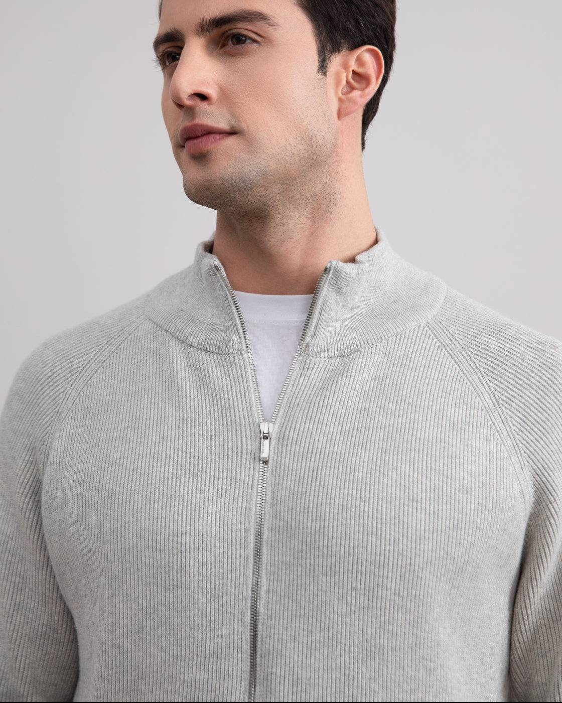 Grey Mélange English Rib Full Zip Cardigan