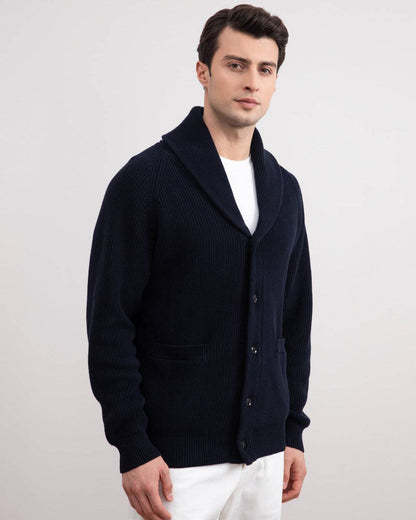 Navy Shawl-Collar Ribbed Cardigan