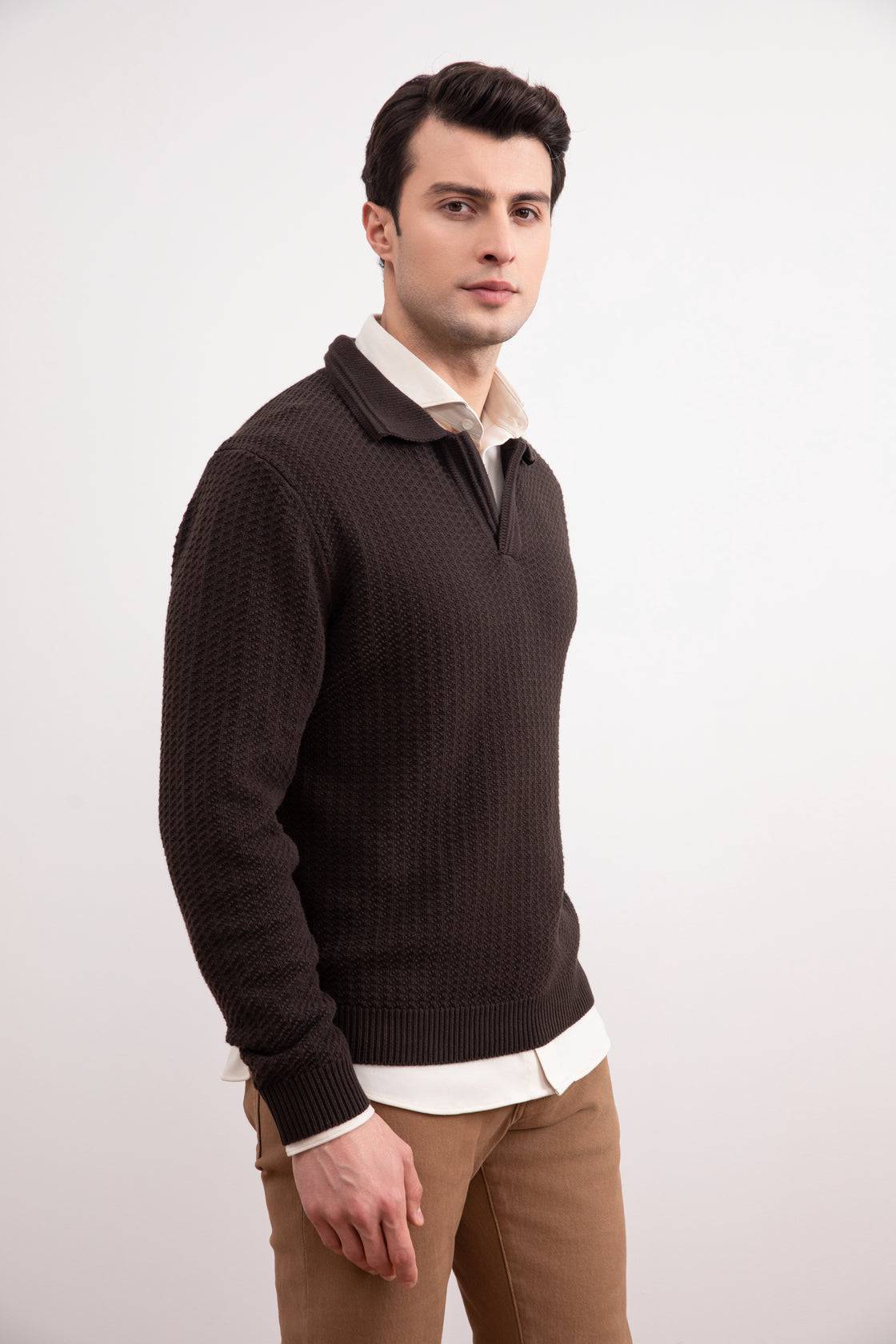 Dark Brown Textured Open Polo Sweater
