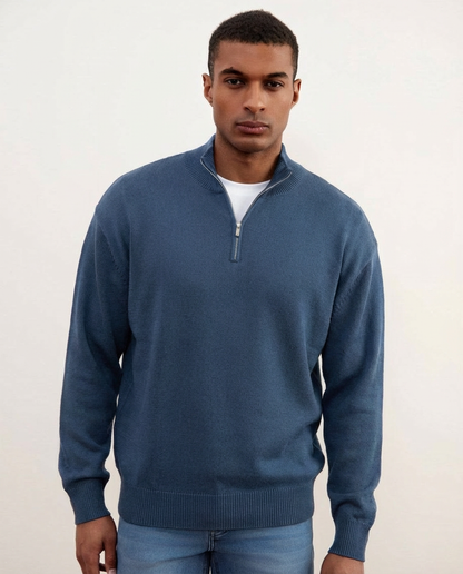 Blue Merino Wool Half-Zip Sweater